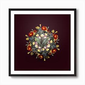 Vintage Peliosanthes Teta Flower Wreath on Wine Red n.2553 Art Print