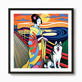 Geisha with a husky, in the sunset, on a bridge Art Print