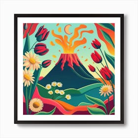 Picture Frame Decorated With Flames Above A Volcano Art Print