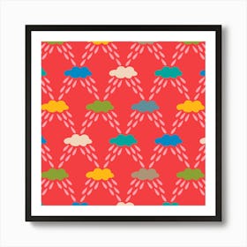 CLOUDBURST Outdoor Weather Rain Drops and Clouds in Bright Rainbow Multi-Colours on Red Art Print