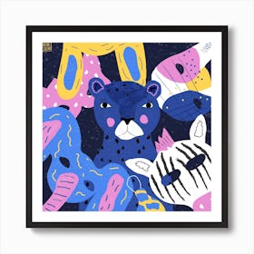 Blue Leopard Among Animal Masks Square Art Print