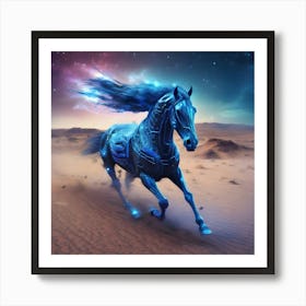 Magical Cyber Blue Horse In The Desert Art Print