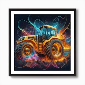 Yellow bulldozer surrounded by fiery flames 10 Art Print