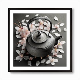 Firefly A Minimalistic Modern Rustic Beautiful Japanese Cast Iron Teapot, Illustration, A Few Sakura (4) Art Print