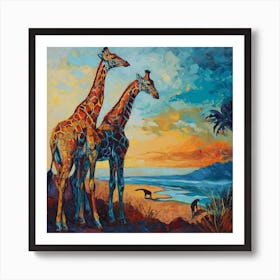 Giraffe By The River Brushstrokes Art Print