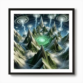 3 Dimensional Mountains With Multiple Green Lightning And White Swirls In A Vortex Art Print