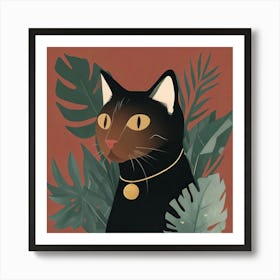 Black Cat With Leaves Art Print