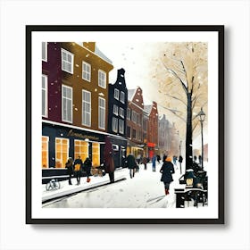 Amsterdam cafes, winter season, Christmas, pale colors, pedestrians in the street, winter clothes, falling snow.4 Art Print