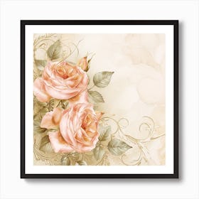 Pink Roses On A Beige Background Art Print