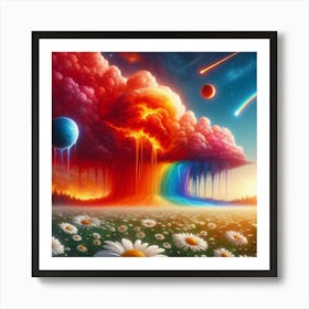 A Red Cloud, Blue Rainbow And Fiery Planets Melting Over A Field Of Daisies Art Print
