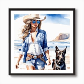 Coastal Cowgirl on Beach with Dog 2 Art Print