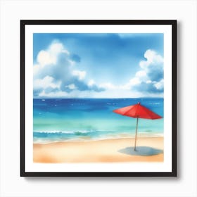 Beach Vibes: A Watercolor Art Print of a Calming Beach with a Red Umbrella Art Print