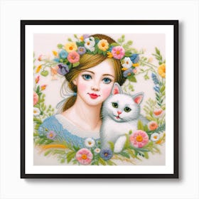 Girl With A Cat Art Print