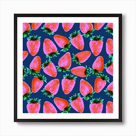 Red Lavender On Navy Strawberries Fruit Art Print