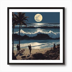 Erin Hanson & Donato Giancola & Nicolas De Stael, Full Moon, Sandy Parking Lot, Surfboards, Palm Tre (1) Art Print