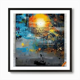  Spray Painting On Canvas Of An Abstract Graffiti Sunrise In The Art Style Of Banksy A Art Print