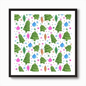 Christmas Trees And Bulbs Pink Blue Green Art Print