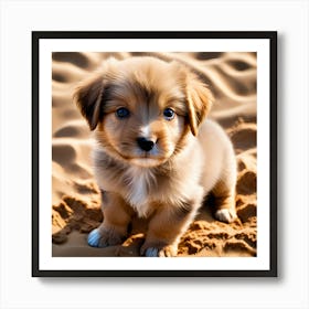 A small, adorable puppy with a golden coat and dark eyes is sitting on sandy ground. The puppy has a white patch on its chest and appears to be looking directly at the camera with a curious expression Art Print