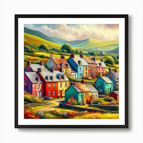 A colorful, whimsical painting of a village nestled in a valley, with hills. Art Print