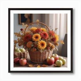 Photo An Autumn Flower Arrangement In A Basket Is On The Table Next To A Hat And Apples 0 Art Print