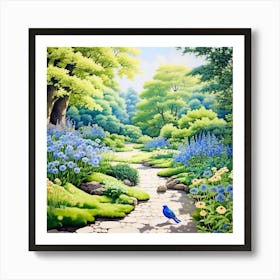 Blue Bird In The Garden Art Print