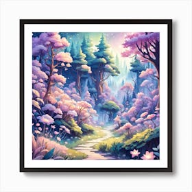 A Fantasy Forest With Twinkling Stars In Pastel Tone Square Composition 245 Art Print