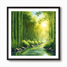 A Stream In A Bamboo Forest At Sun Rise Square Composition 41 Art Print