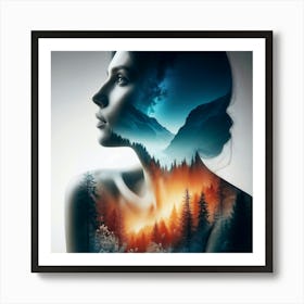 Double Exposure Dreamscape Beautiful Woman In The Forest and Mountains Art Print