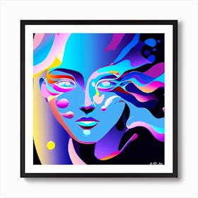 Holographic Fantasy Women Color Portrait With Waves And Bubbles Art Print