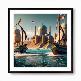 Xebec Ship Sailing On The Sea With Persian Town (1) Art Print