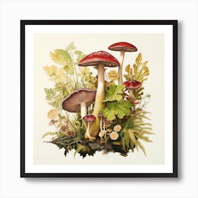 Russulas and heucheras - mushroom art print - mushroom botanical print Art Print