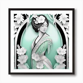 Asian Woman Japanese Textured Monohromatic Art Print