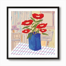 Red Flowers In A Blue Vase Mid Century Art Print