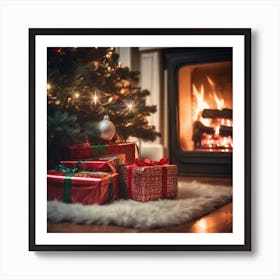 Christmas Presents Under Christmas Tree At Home Next To Fireplace Haze Ultra Detailed Film Photog (13) Art Print