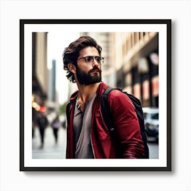 Man Black Hair Beard Red Brown Shirt Looking Away Black Backpack Glasses Metal Building (6) Art Print