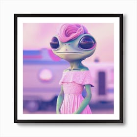 Retro Futuristic Alien Frog in Desert - Pastel Pink and Blue Art Print