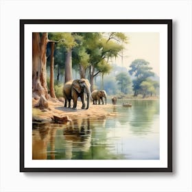 Elephants By The River Art Print