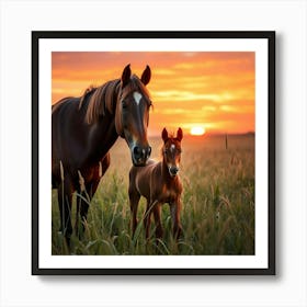 Horse And Foal At Sunset 12 Art Print