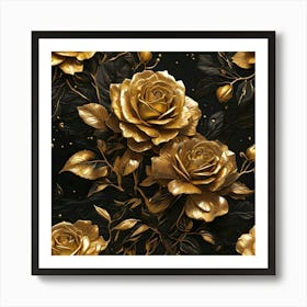 Gold Roses On Black Background 1 Art Print