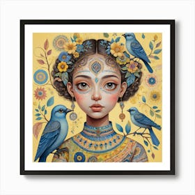 Blue Bird Girl Art Print