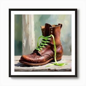 An Impressionist Painting Of An Old Boot With Brand Neon Green Laces Art Print