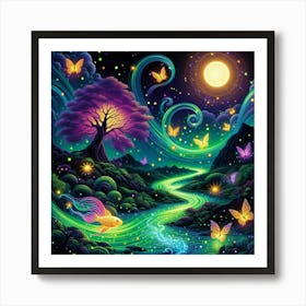 Stream With Bioluminescent Fish Butterflies Sun Spinning Wind Tree 5 Art Print