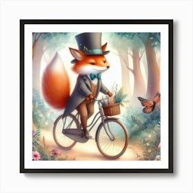 Fox Wearing A Top Hat Riding A Bicycle Through A Magical Forest (3) Art Print