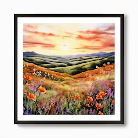 Watercolour Landscape Beautiful Vibrant Wild Flowers Rolling Hills Spiritual Abstraction Art Print