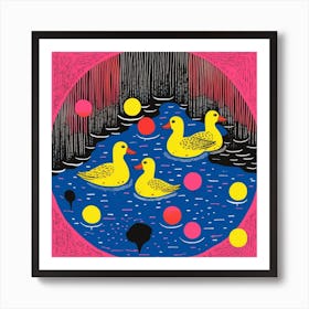 Duckling Colourful In The Pond Linocut Style 3 Art Print