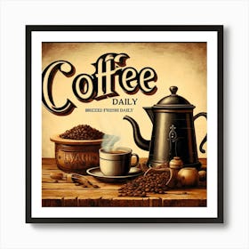 Brewed Fresh Daily Coffee Lover Wall Print Art A Rustic And Inviting Scene That Captures The Essence Of Fresh Coffee, Perfect For Adding Warmth And Charm To Any Space Art Print