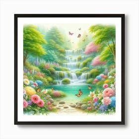 Waterfall With Butterflies 1 Art Print