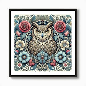 william morris Owl With blue /red Flowers Art Print