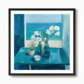 Teal Blue Orchids By The Window Art Print