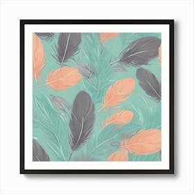 Grey and Peach Feathers on Light Green Background Art Print